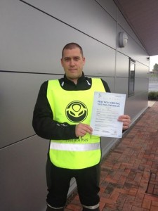 Martin with his Module2 Pass Certificate outside Bredbury Test Centre