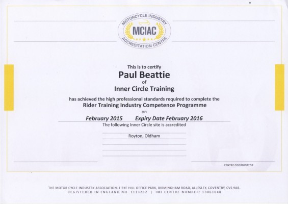 Our MCIAC certificate - the FIRST motorcycle training school in the North West to achieve this award!