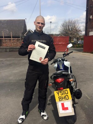 Billie-Jo shows off his Inner Circle certificate after a superb first time motorcycle test pass - with no faults - despite breaking the rear L-plate just prior to his test starting!