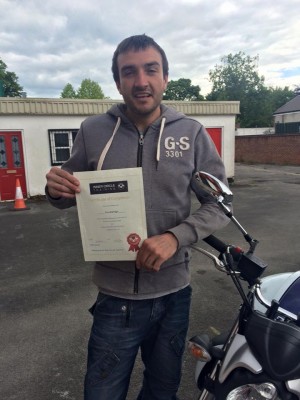 Tim Aldridge, proud owner of an Inner Circle DAS certificate after passing his motorcycle test!