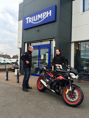 Alex collecting her new Triumph Street Triple from Youles, Manchester