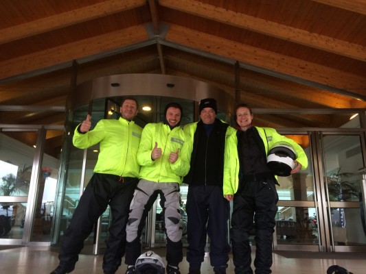 The Globebusters team in their Triumph high-viz jackets, from left to right: Paul, Rhys Lawrey, Craig Carey-Clinch, Tiffany Coates